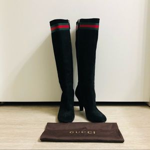 Authentic Gucci Women's Black Web Stripe Suede Knee Length 256340 Boots. Size 37
